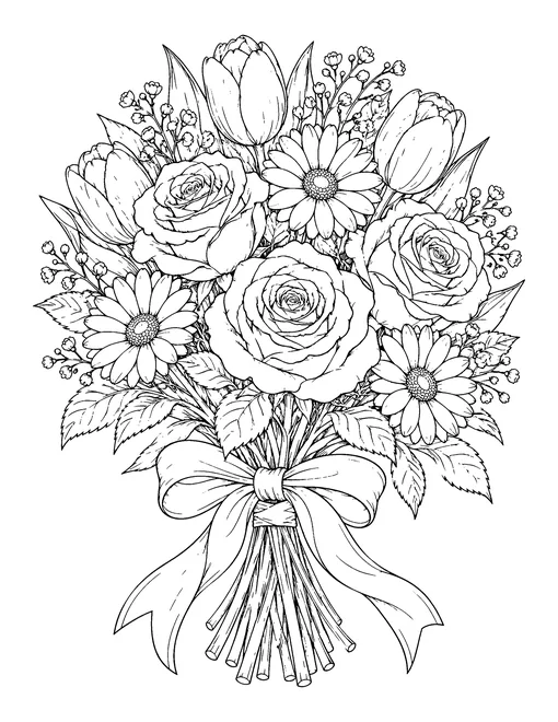 Detailed bouquet of roses, tulips and daisies tied with a ribbon bow, coloring page for adults